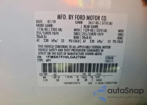 2020 Ford Explorer Limited z USA, uszkodzony, nr VIN 1FMSK7FH0LGA27084